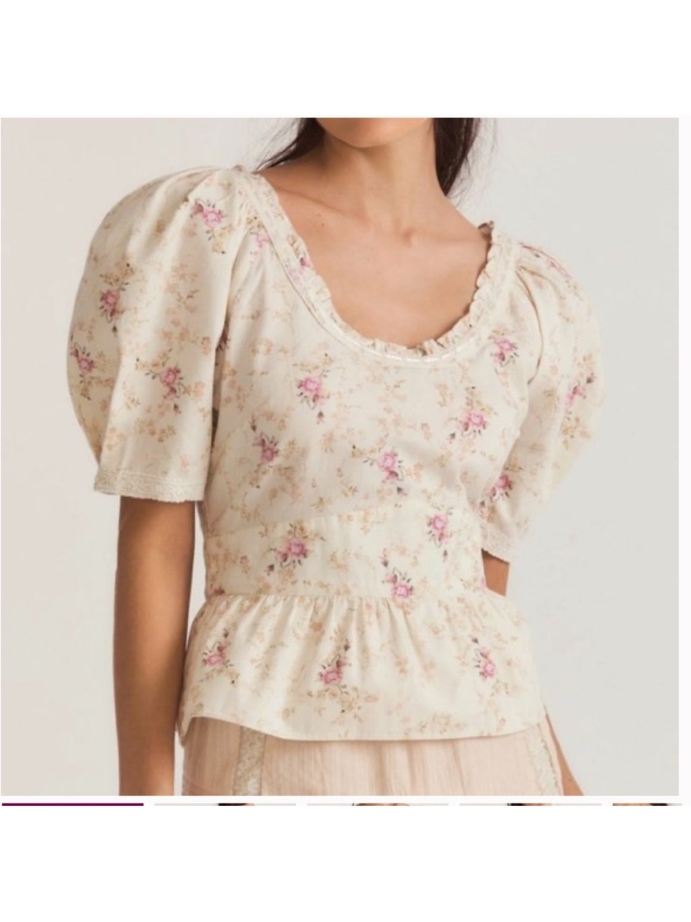 LoveShackFancy Cream Floral Puff Sleeve Blouse with Pink Roses